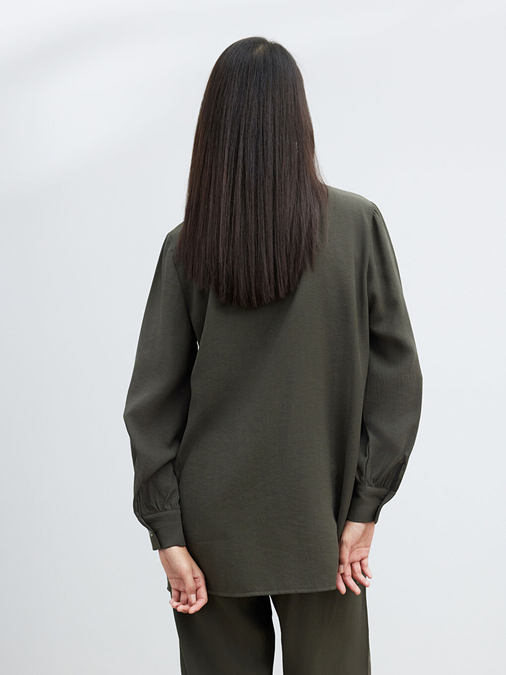 Haki Modal Karışımlı Kadın Gömlek-3