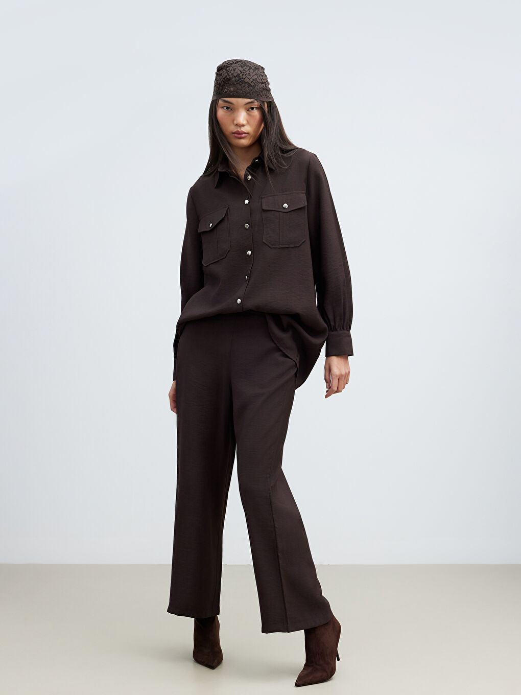 Kahverengi Modal Karışımlı Kadın Gömlek-1