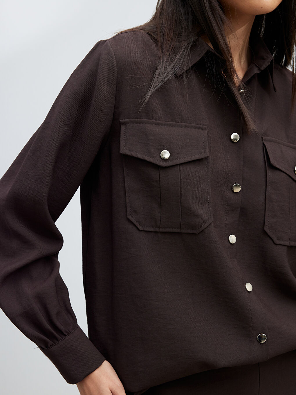 Kahverengi Modal Karışımlı Kadın Gömlek-2