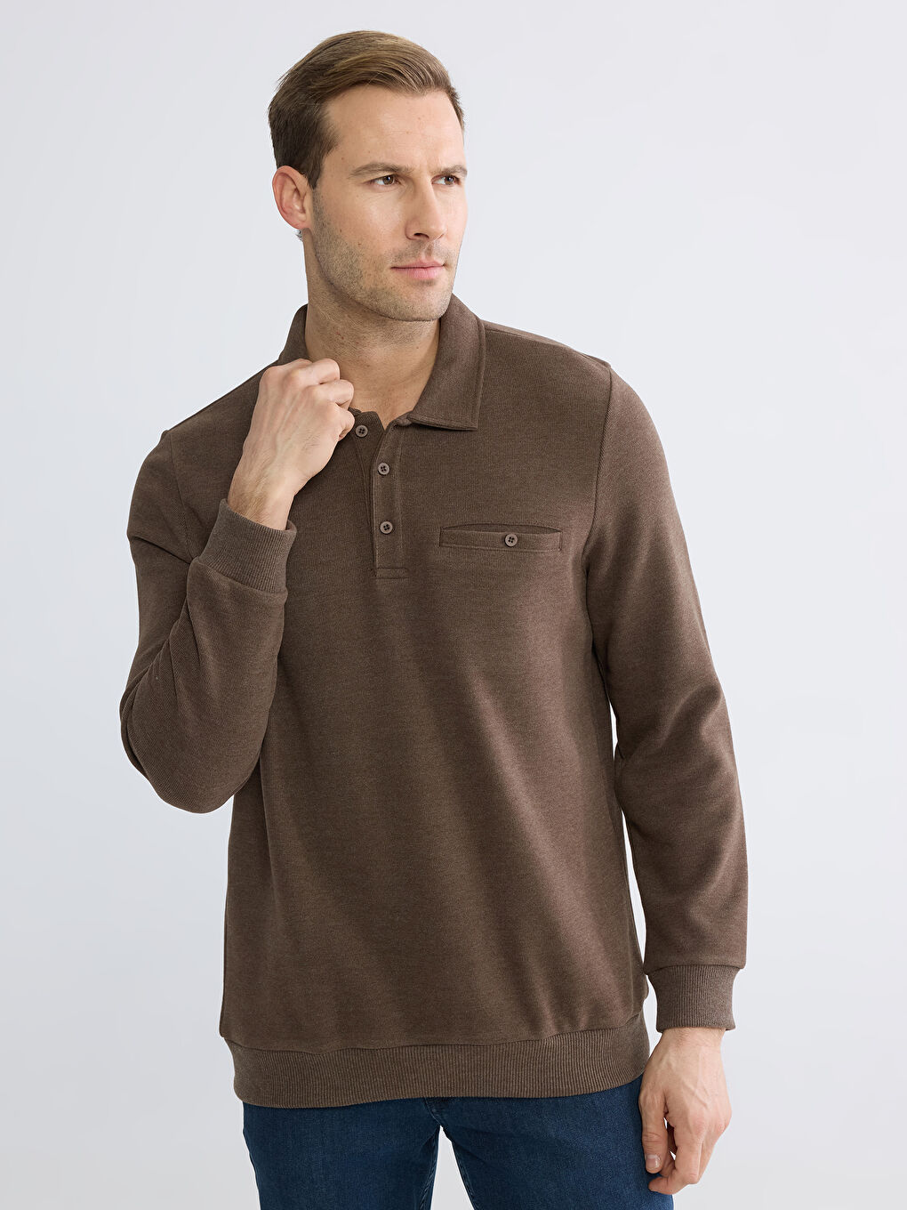 Kahverengi Polo Yaka Erkek Sweatshirt