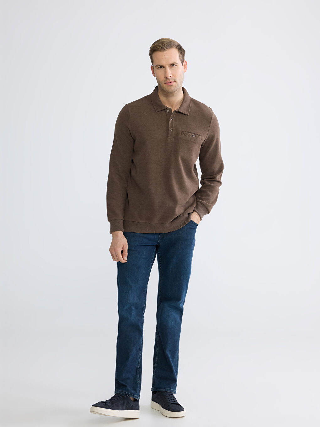 Kahverengi Polo Yaka Erkek Sweatshirt-1