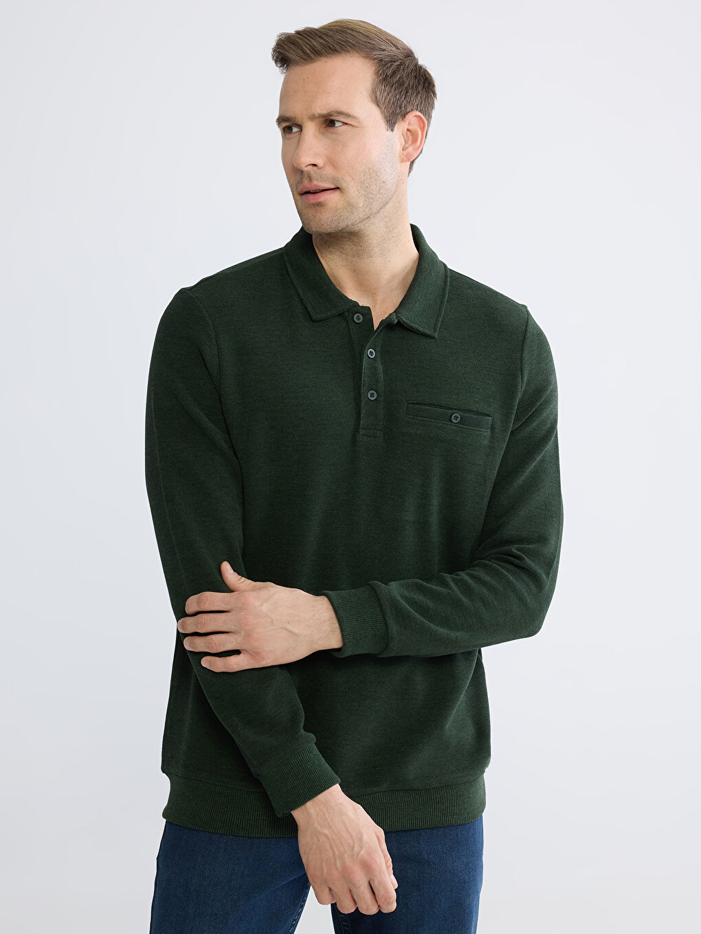 Yeşil Polo Yaka Erkek Sweatshirt