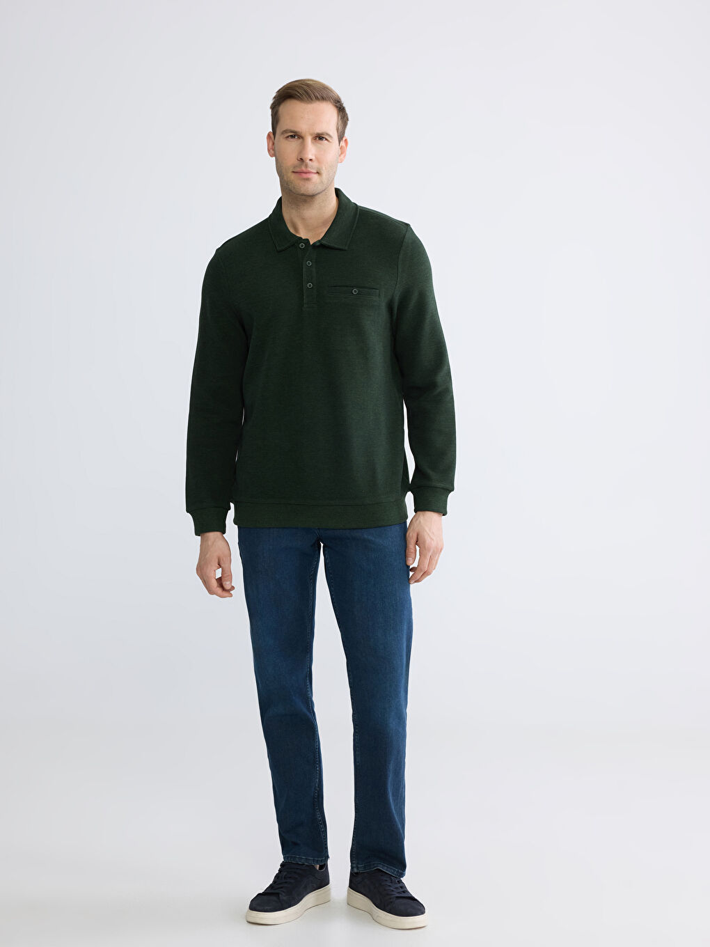 Yeşil Polo Yaka Erkek Sweatshirt-1