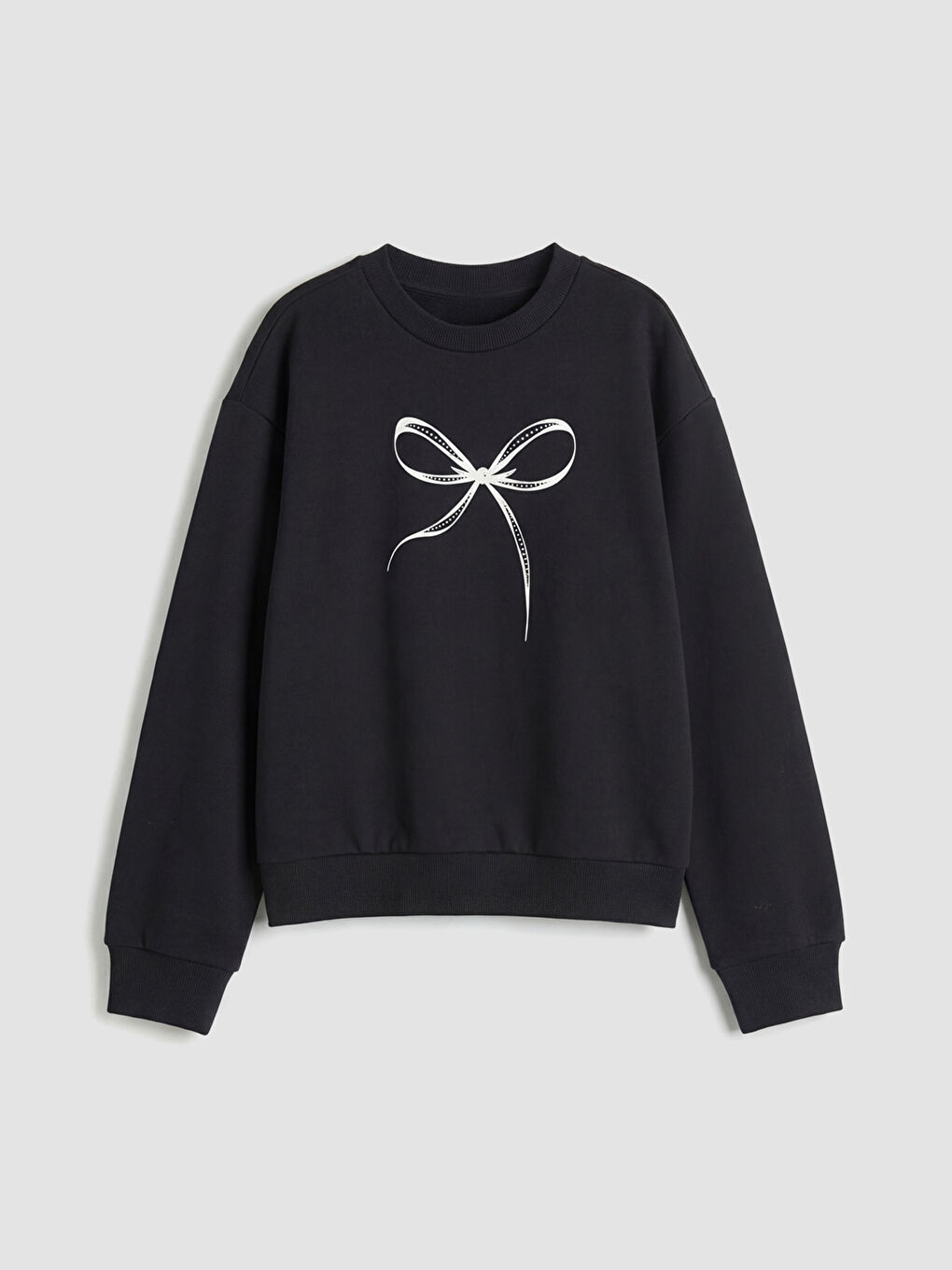 Siyah Bisiklet Yaka Fiyonk Baskılı Kız Çocuk Sweatshirt