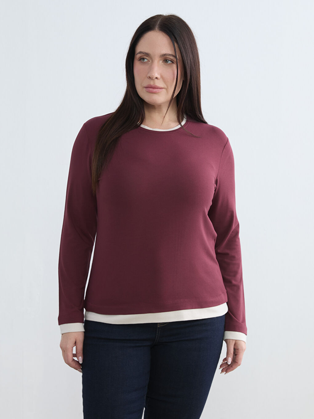 Bordo Büyük Beden Bisiklet Yaka Kadın Tişört