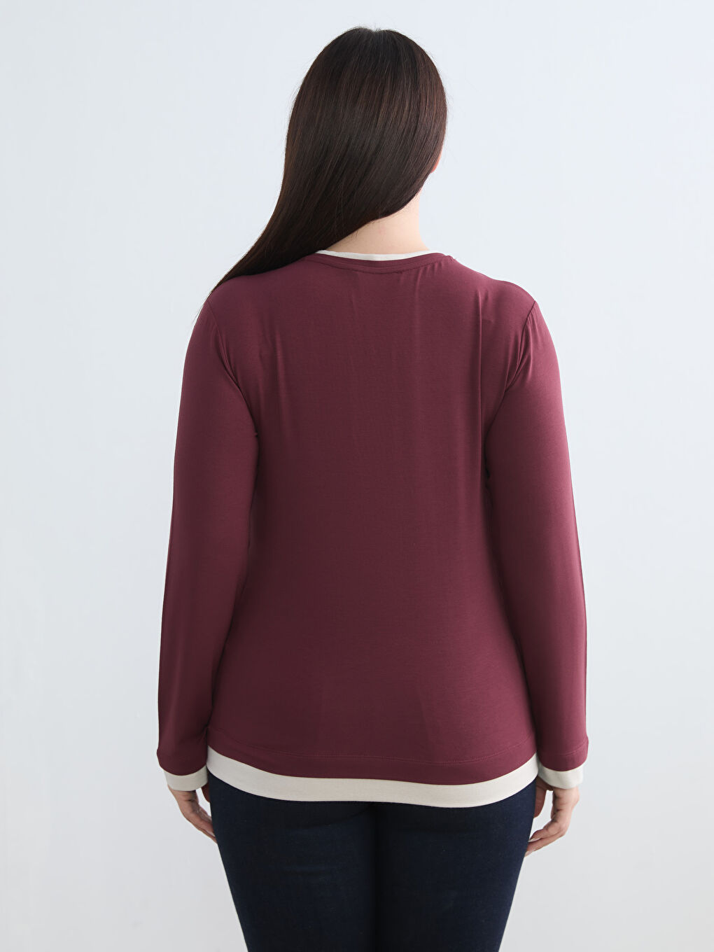 Bordo Büyük Beden Bisiklet Yaka Kadın Tişört-3