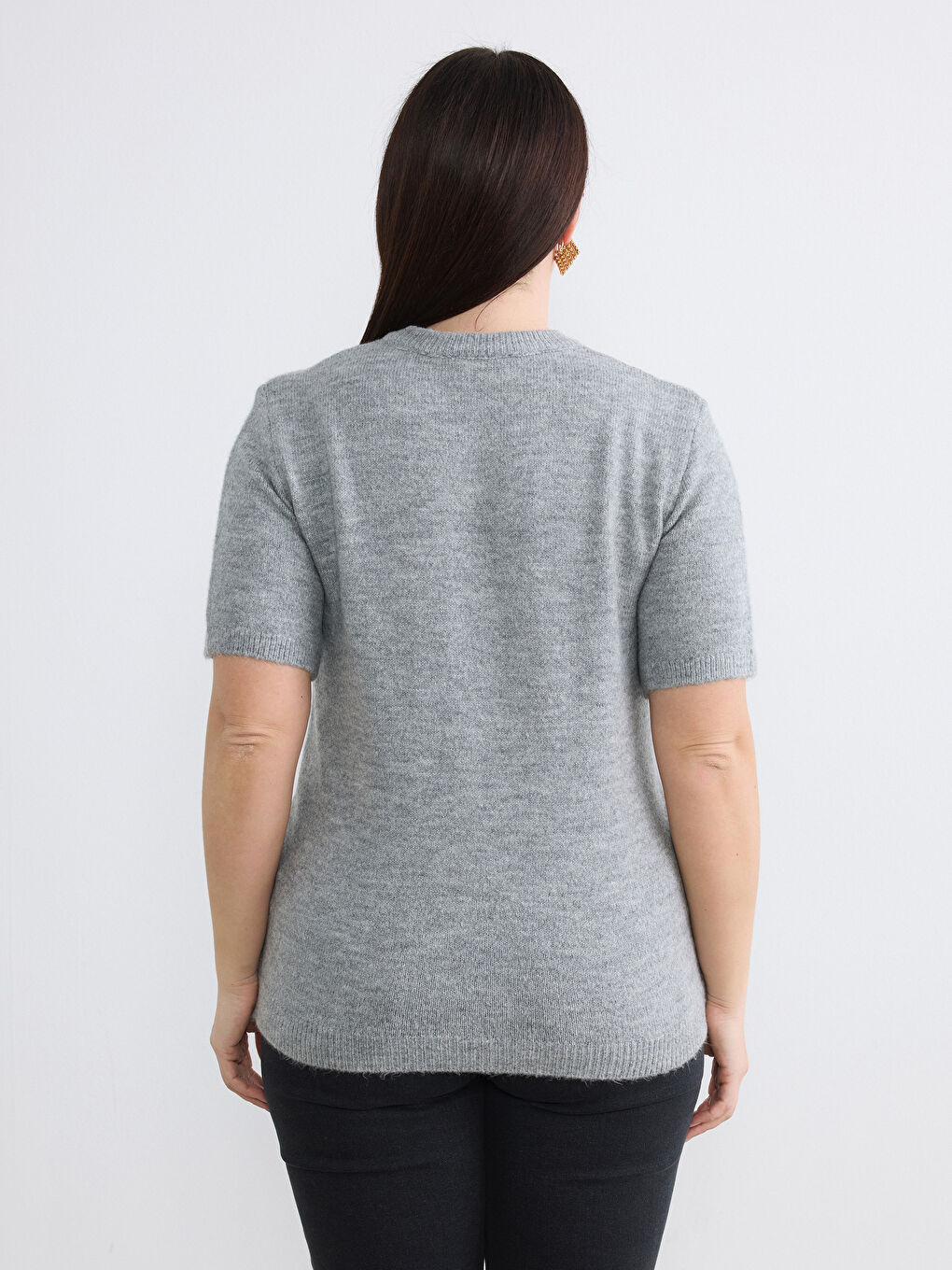 Gri Büyük Beden Bisiklet Yaka Taşlı Kadın Triko Kazak-3