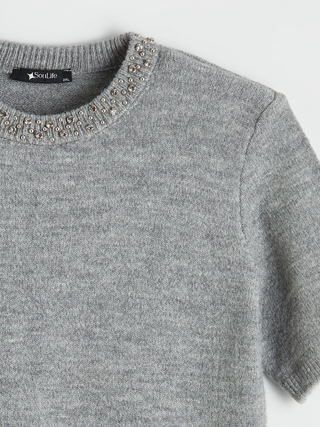 Gri Büyük Beden Bisiklet Yaka Taşlı Kadın Triko Kazak-5