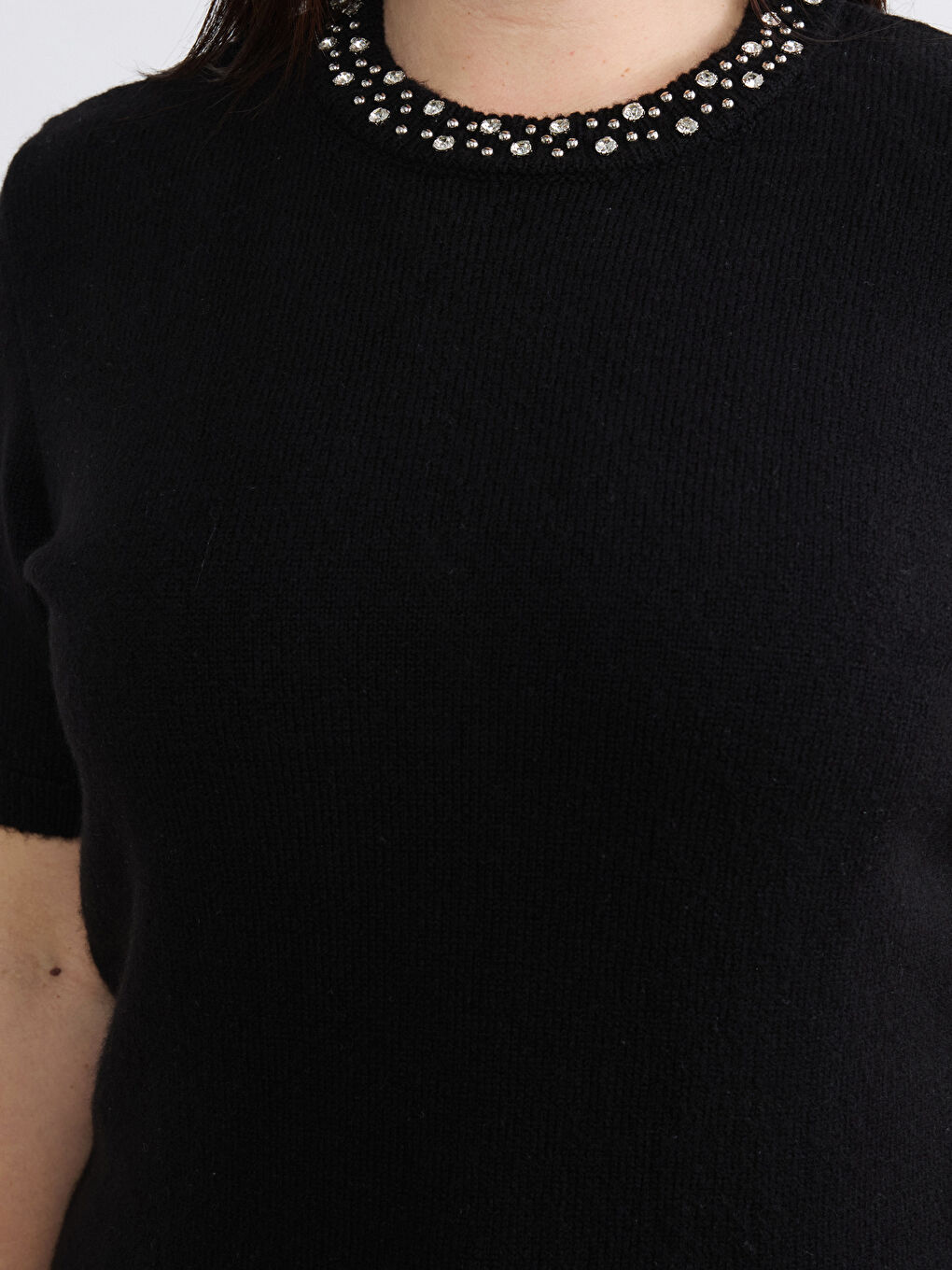 Siyah Büyük Beden Bisiklet Yaka Taşlı Kadın Triko Kazak-2