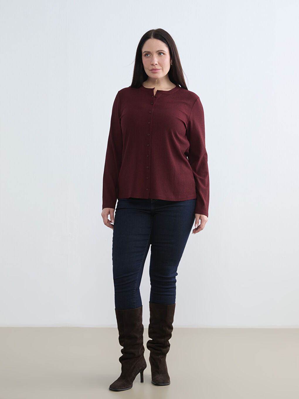 Bordo Büyük Beden Bisiklet Yaka Kadın Hırka-1