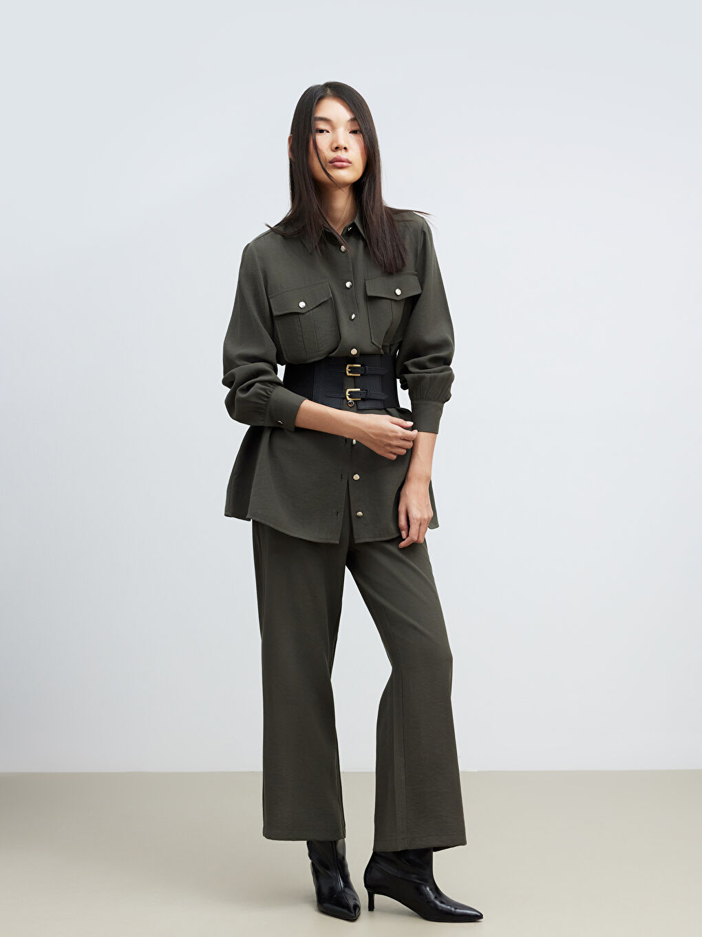 Haki Modal Karışımlı Geniş Paça Kadın Pantolon	