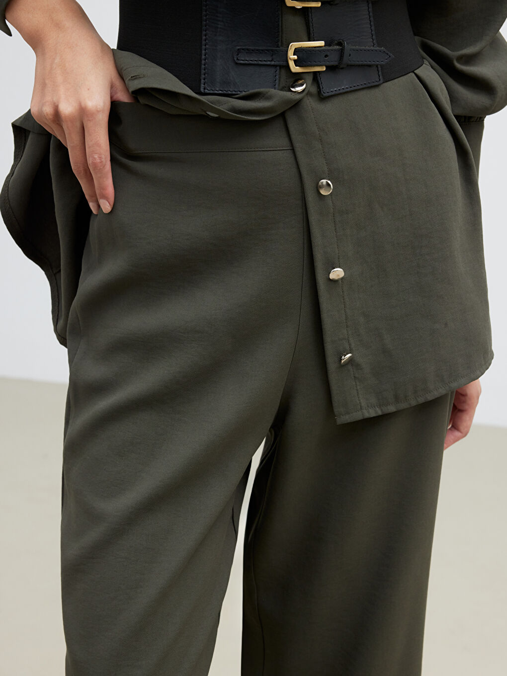 Haki Modal Karışımlı Geniş Paça Kadın Pantolon	-2