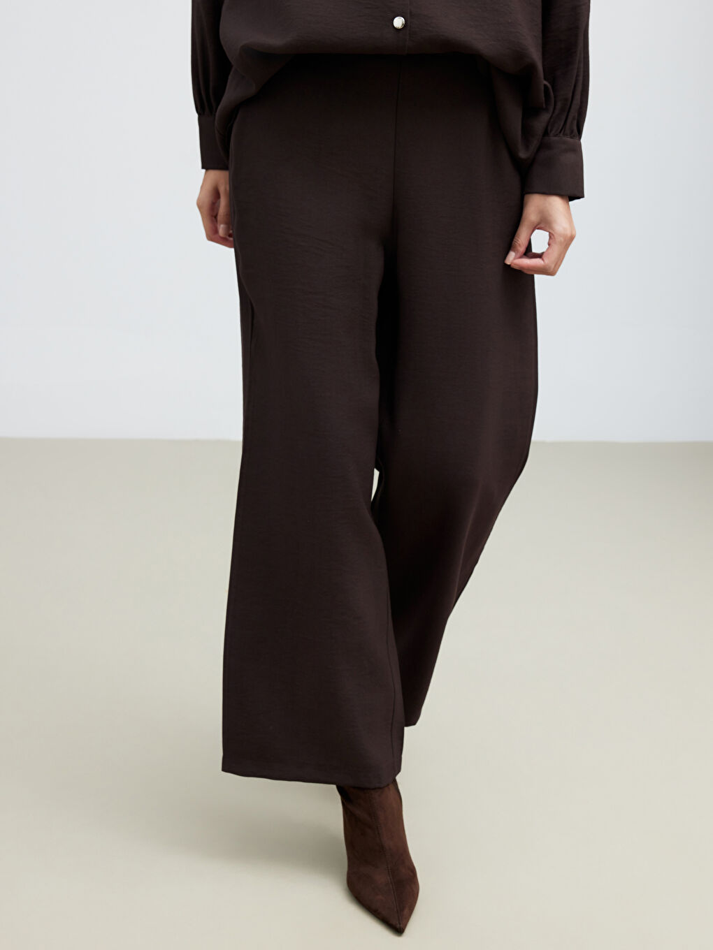 Kahverengi Modal Karışımlı Geniş Paça Kadın Pantolon	-1