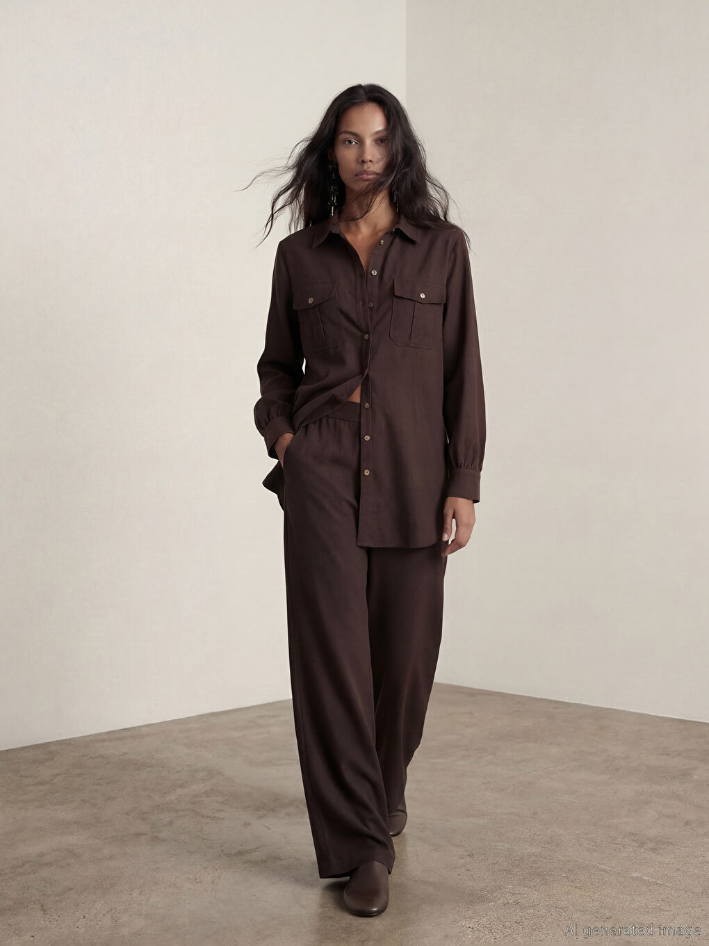 Kahverengi Modal Karışımlı Geniş Paça Kadın Pantolon	-1