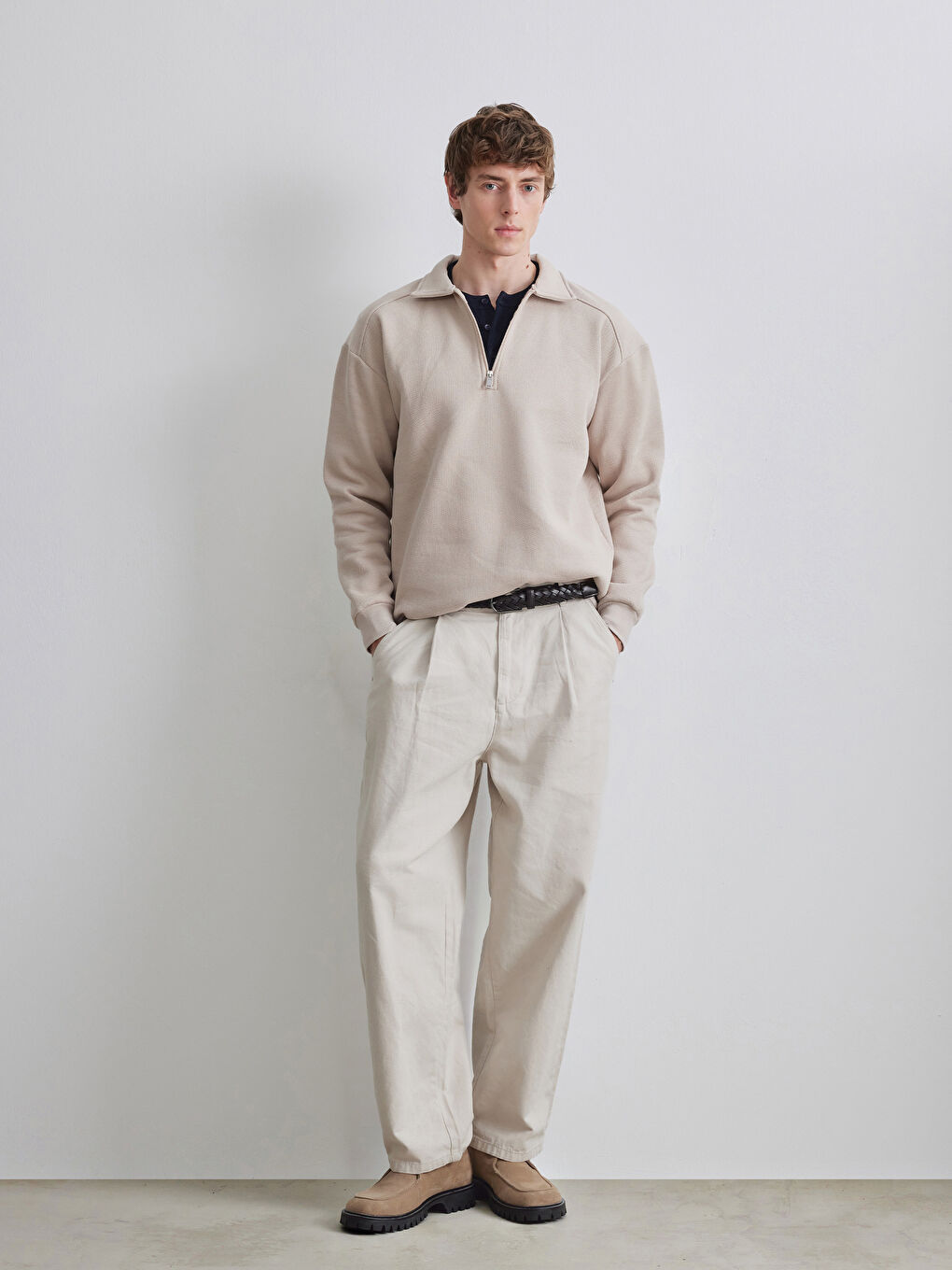 Bej Fermuarlı Polo Yaka Erkek Dokulu Sweatshirt-1