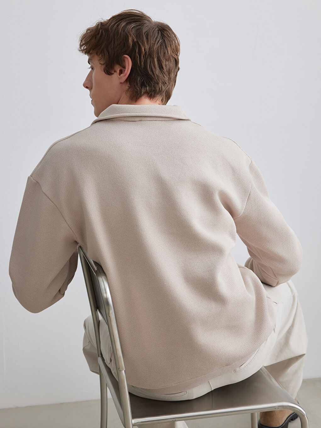 Bej Fermuarlı Polo Yaka Erkek Dokulu Sweatshirt-3