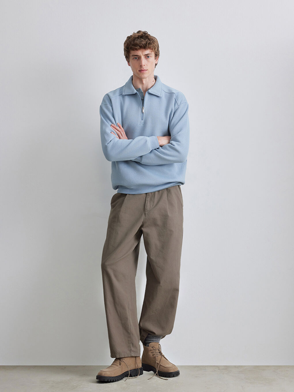 Mavi Fermuarlı Polo Yaka Erkek Dokulu Sweatshirt-1