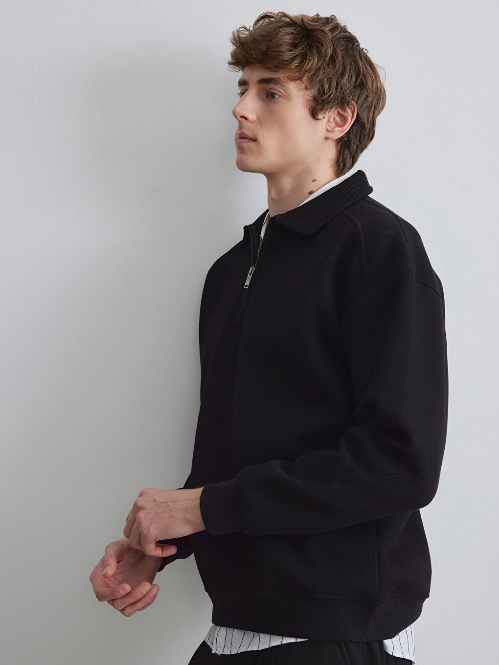 Siyah Fermuarlı Polo Yaka Erkek Dokulu Sweatshirt