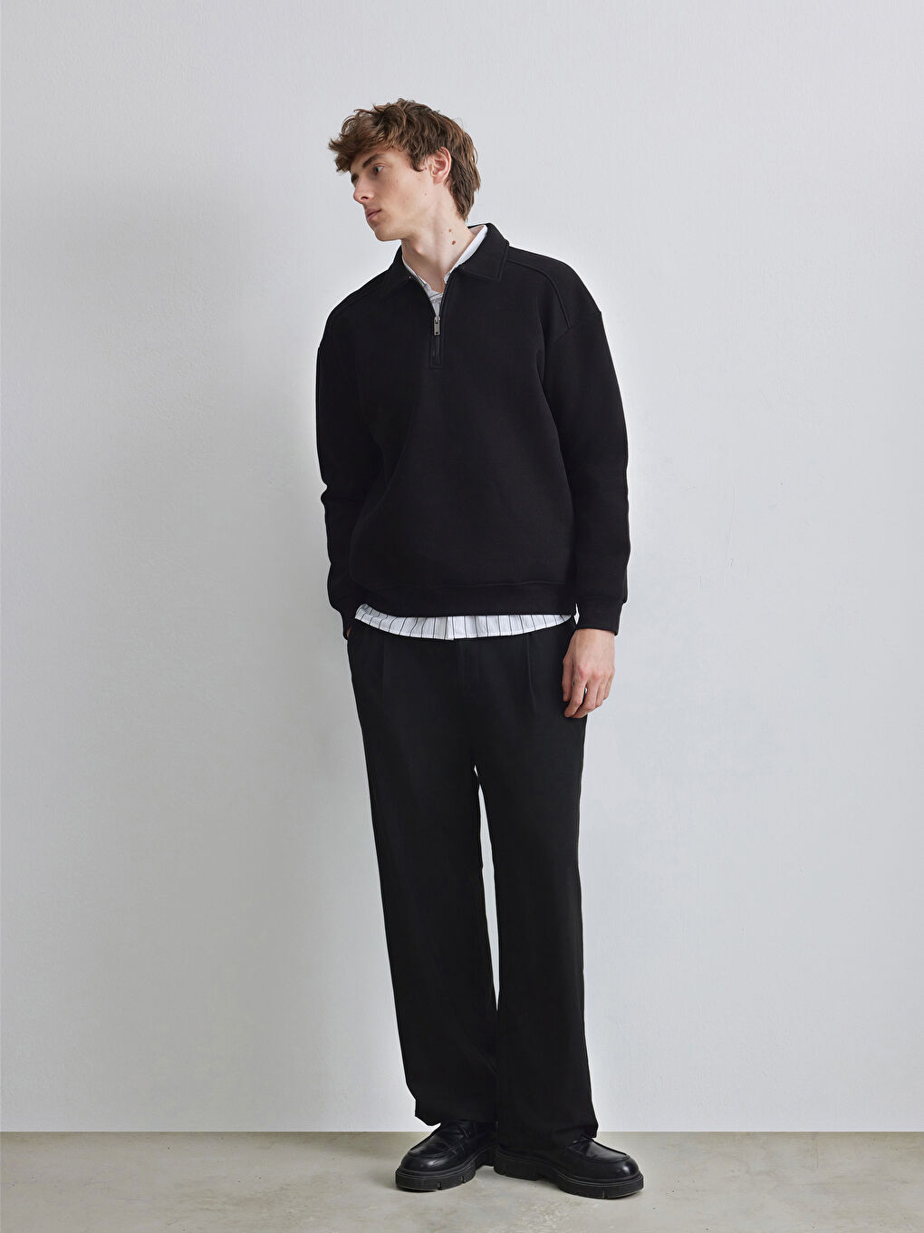 Siyah Fermuarlı Polo Yaka Erkek Dokulu Sweatshirt-1