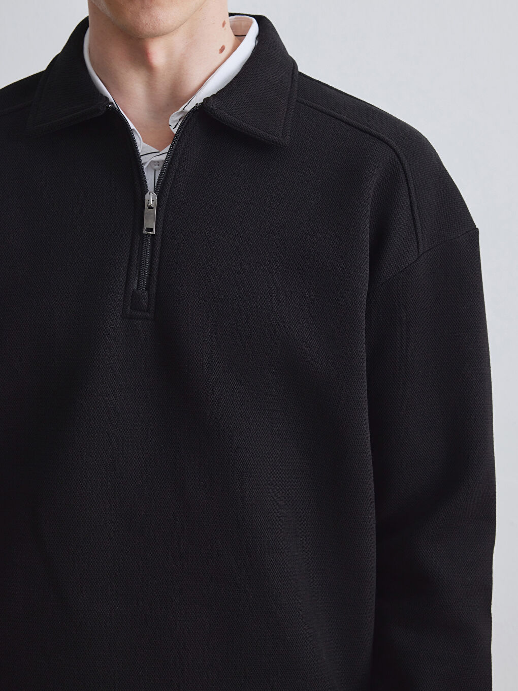 Siyah Fermuarlı Polo Yaka Erkek Dokulu Sweatshirt-2