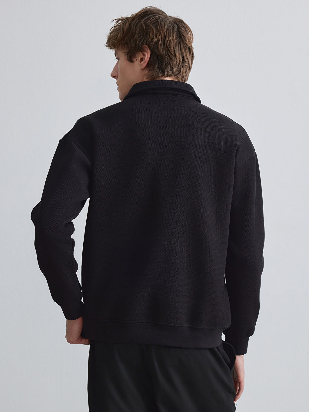 Siyah Fermuarlı Polo Yaka Erkek Dokulu Sweatshirt-3
