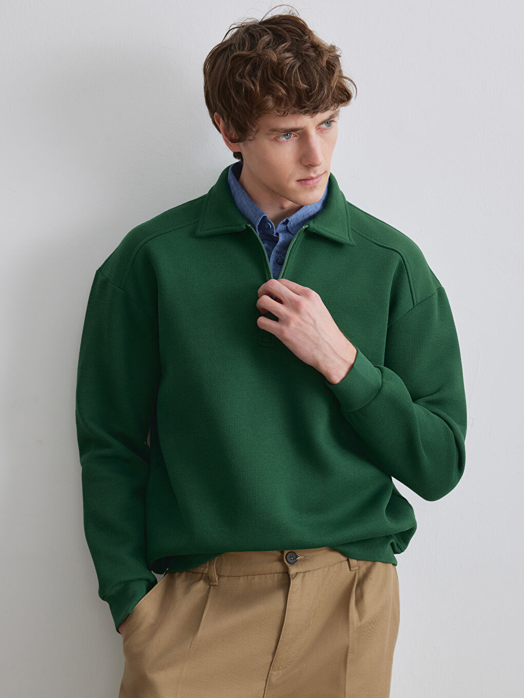 Yeşil Fermuarlı Polo Yaka Erkek Dokulu Sweatshirt