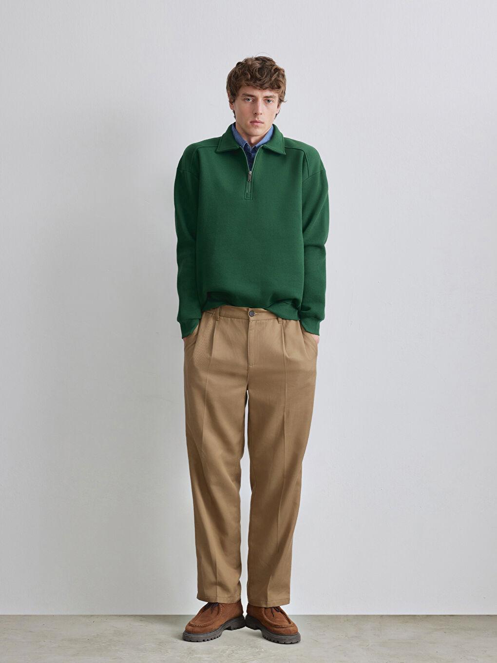 Yeşil Fermuarlı Polo Yaka Erkek Dokulu Sweatshirt-1