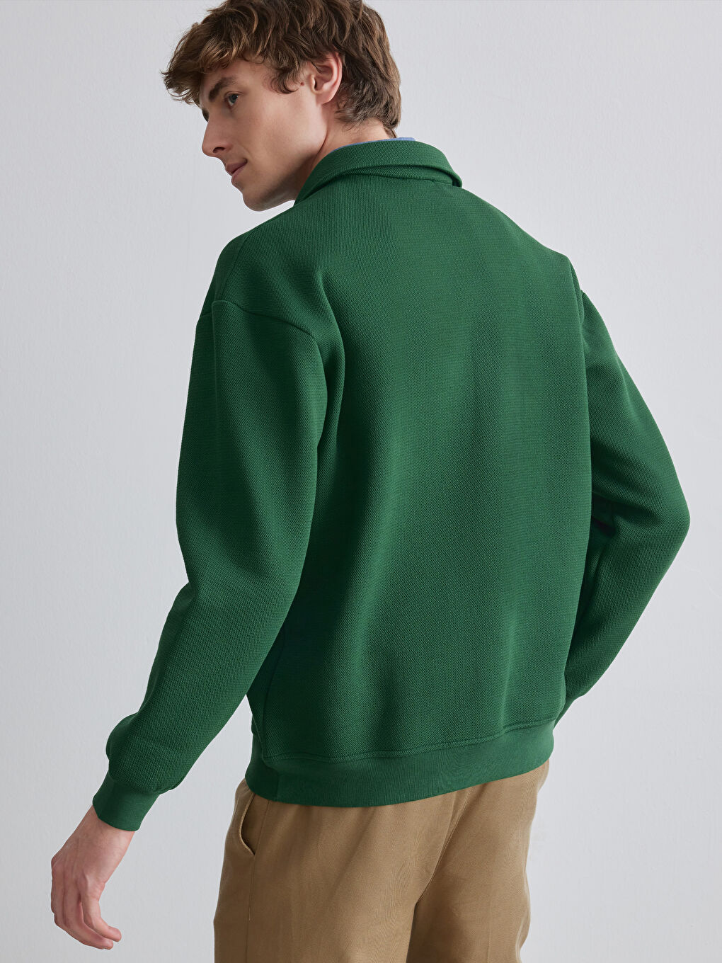 Yeşil Fermuarlı Polo Yaka Erkek Dokulu Sweatshirt-3