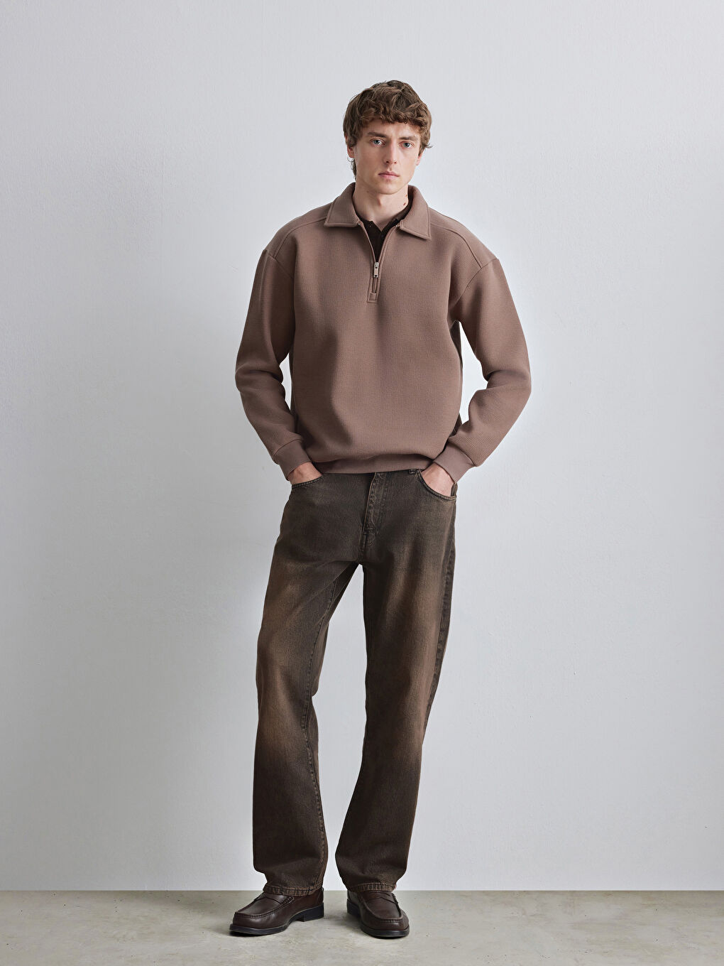 Kahverengi Fermuarlı Polo Yaka Erkek Dokulu Sweatshirt-1