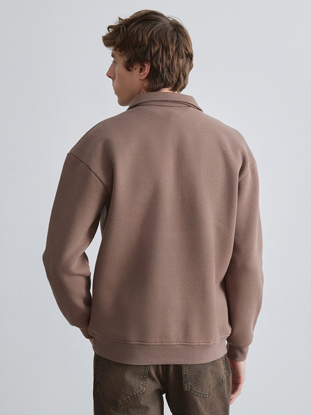 Kahverengi Fermuarlı Polo Yaka Erkek Dokulu Sweatshirt-3