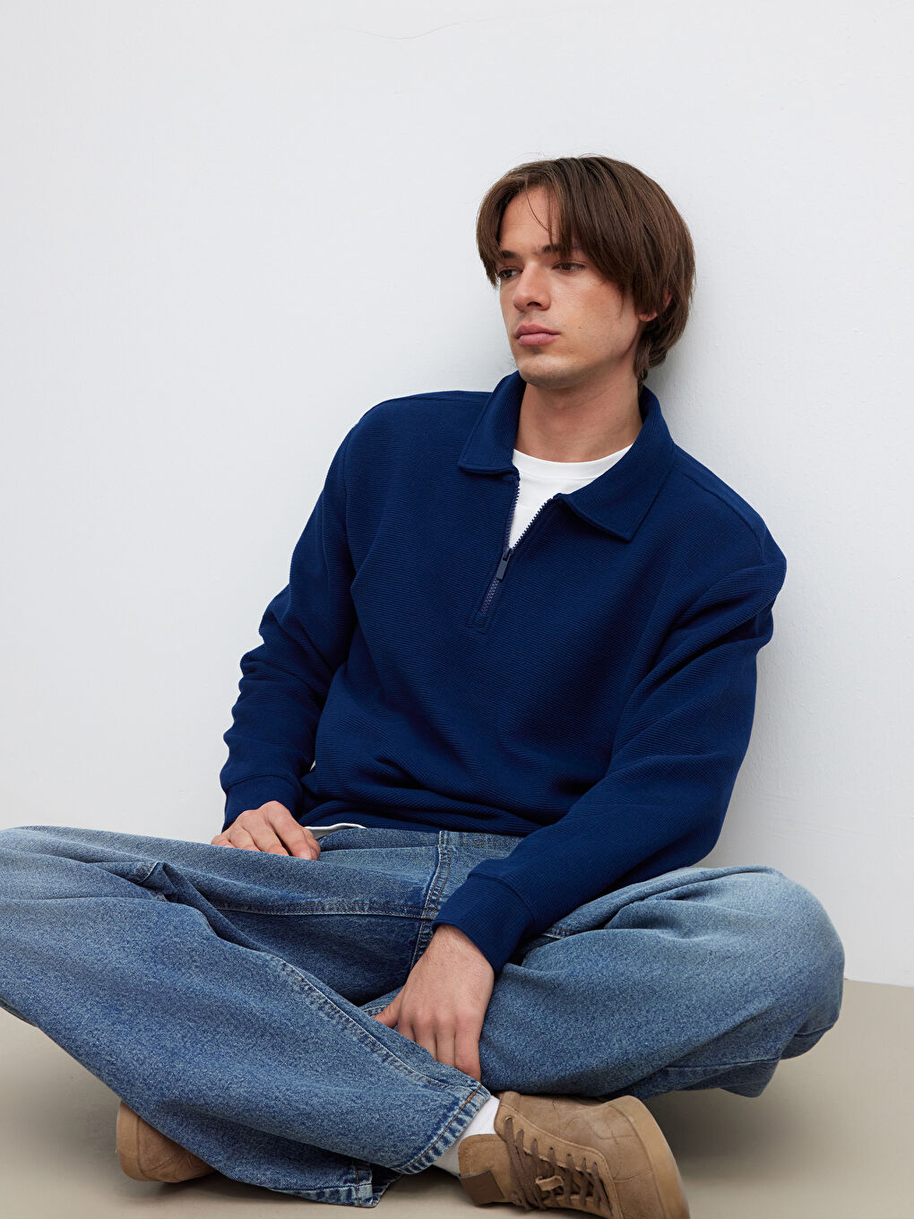 Lacivert Polo Yaka Erkek Sweatshirt