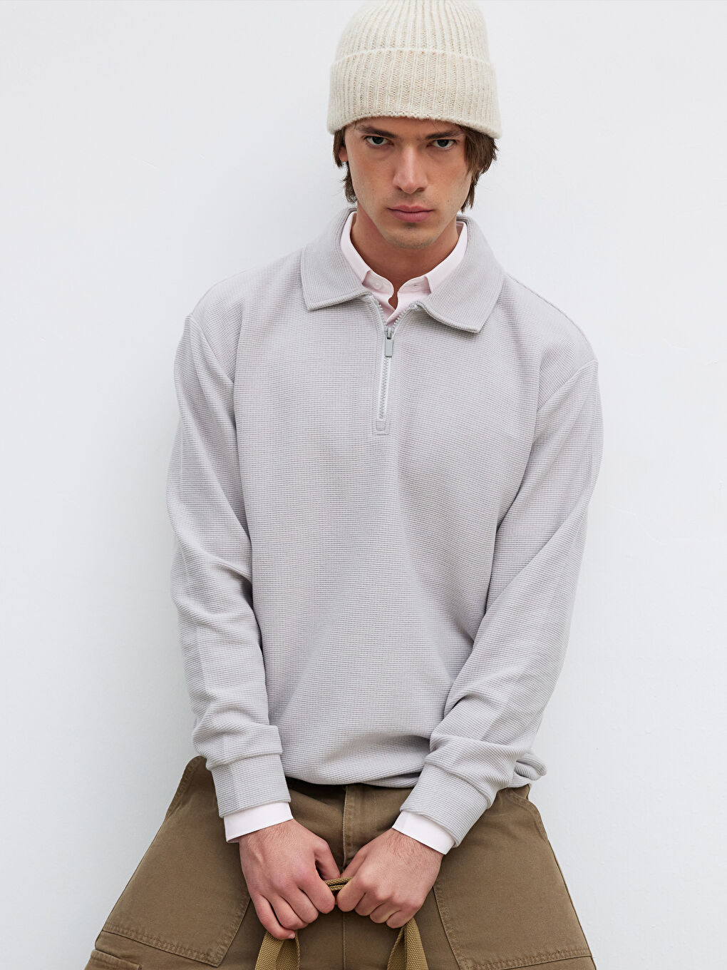 Gri Polo Yaka Erkek Sweatshirt