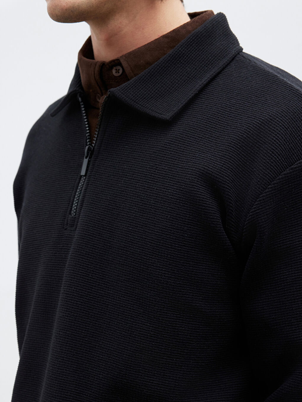 Siyah Polo Yaka Erkek Sweatshirt-2