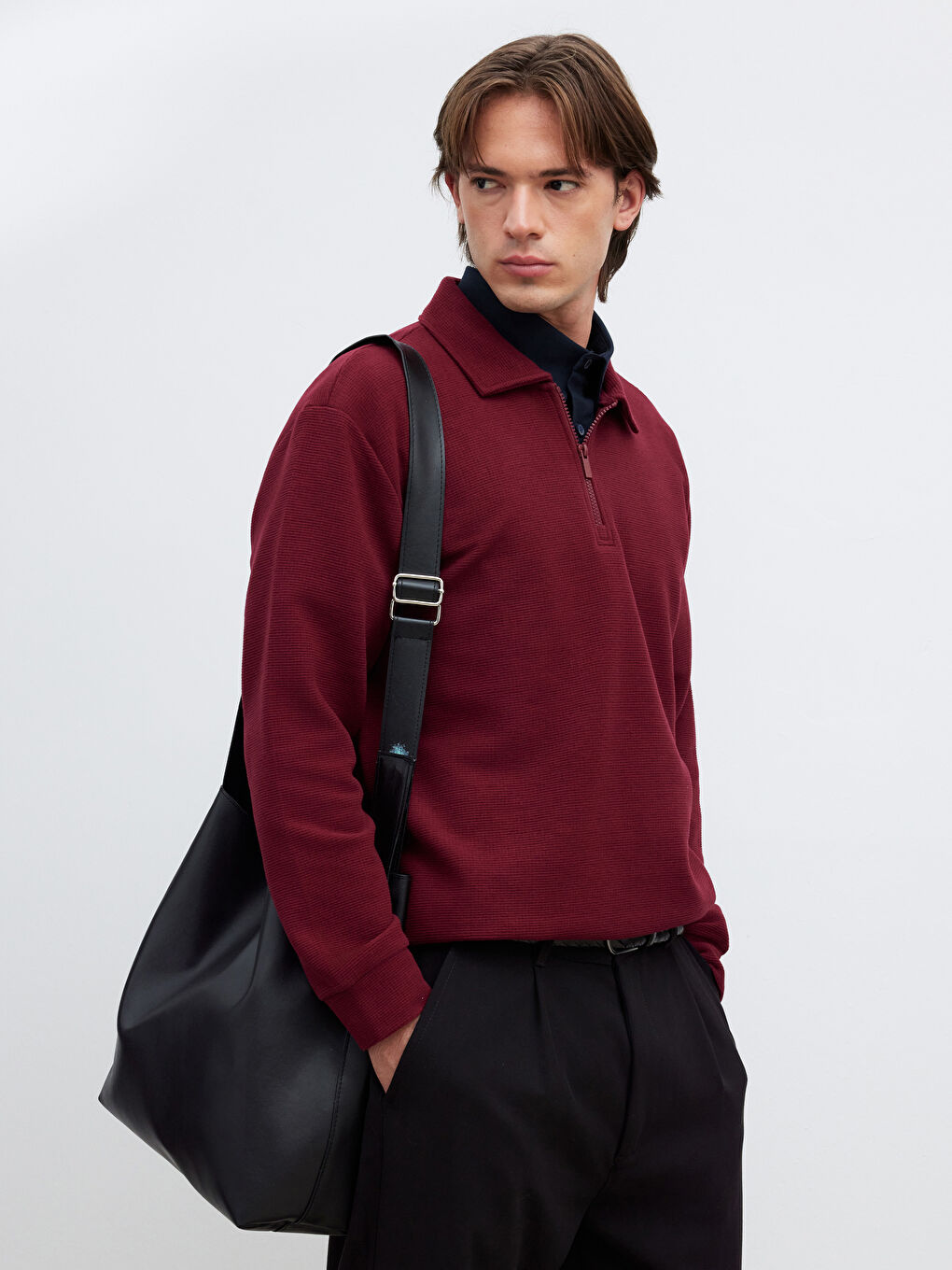 Bordo Polo Yaka Erkek Sweatshirt