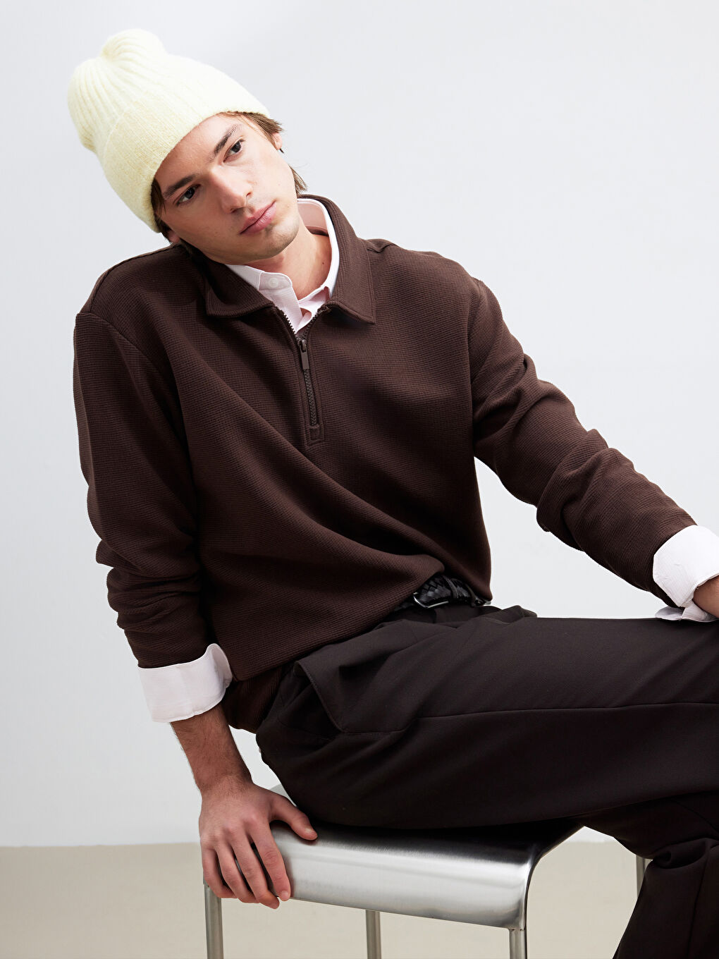 Kahverengi Polo Yaka Erkek Sweatshirt