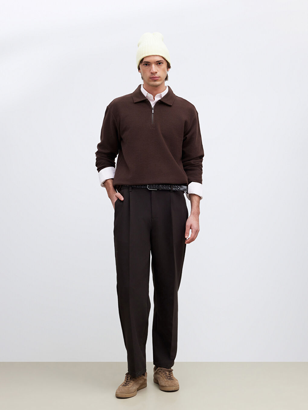 Kahverengi Polo Yaka Erkek Sweatshirt-1