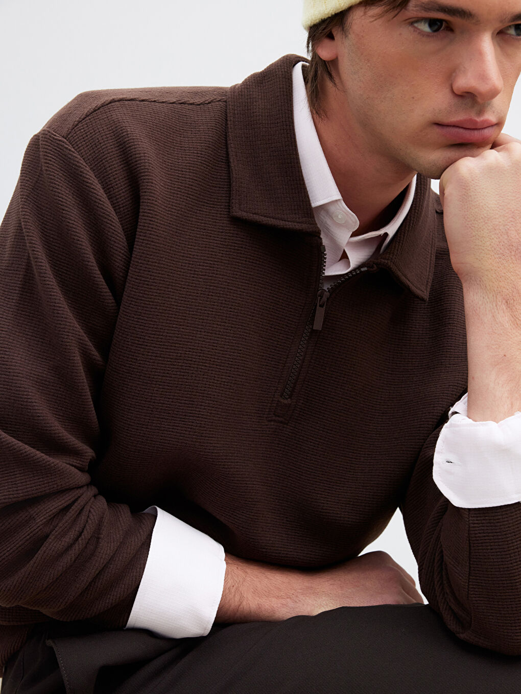 Kahverengi Polo Yaka Erkek Sweatshirt-2