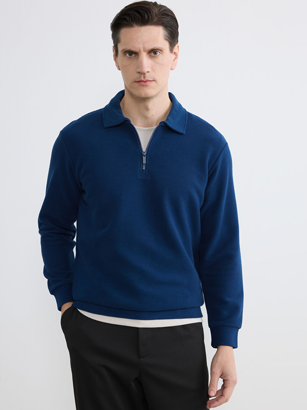 Lacivert Polo Yaka Erkek Sweatshirt-1
