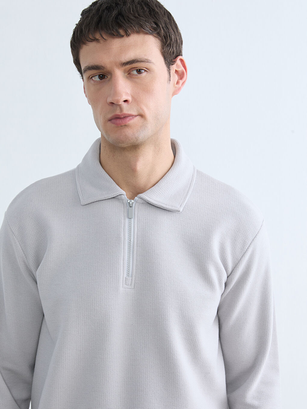 Gri Polo Yaka Erkek Sweatshirt-1