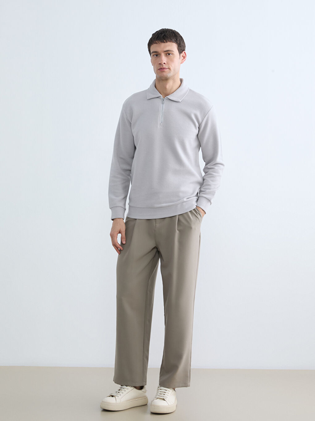 Gri Polo Yaka Erkek Sweatshirt-2