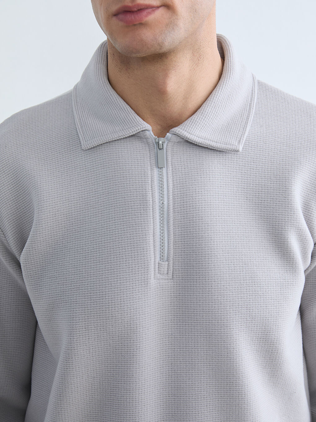 Gri Polo Yaka Erkek Sweatshirt-4