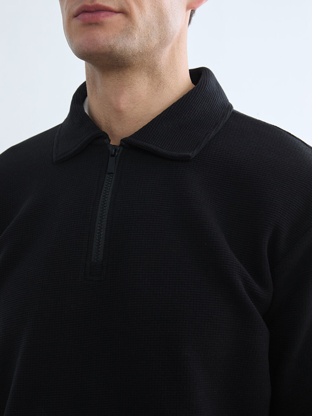 Siyah Polo Yaka Erkek Sweatshirt-4