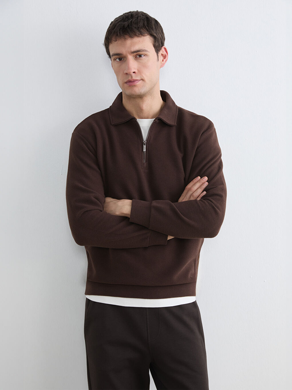Kahverengi Polo Yaka Erkek Sweatshirt-1