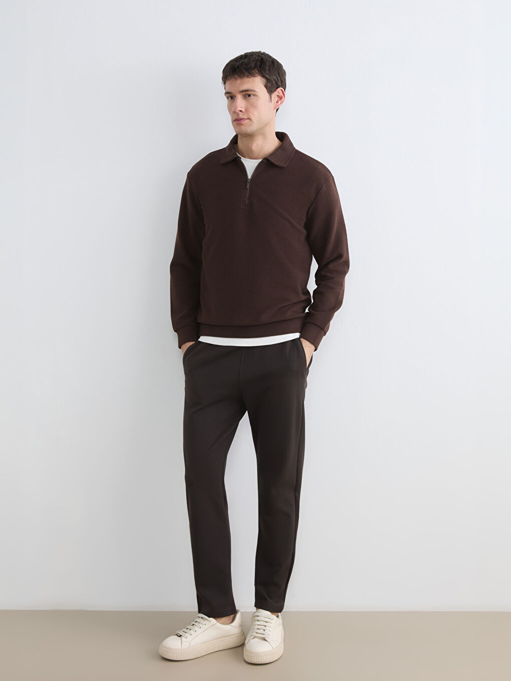 Kahverengi Polo Yaka Erkek Sweatshirt-2