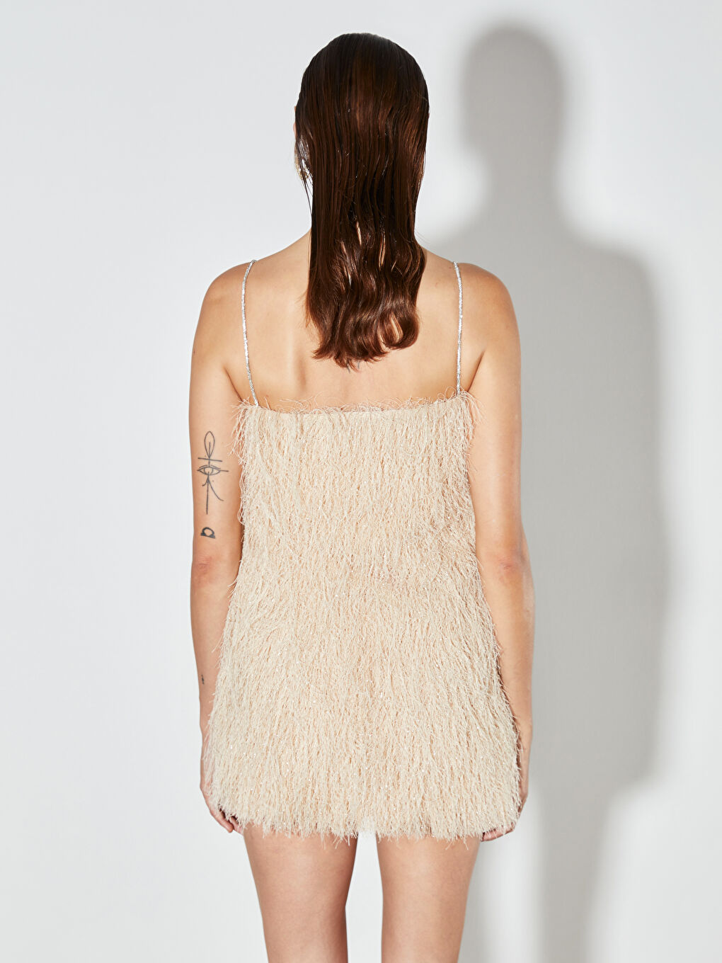 Bej Kare Yaka Askılı Triko Mini Elbise-3