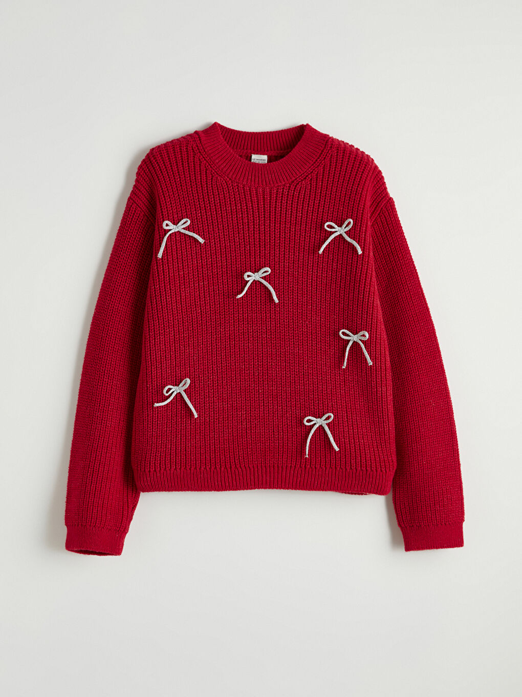 Kırmızı Bisiklet Yaka Fiyonk Detaylı Kız Çocuk Triko Kazak