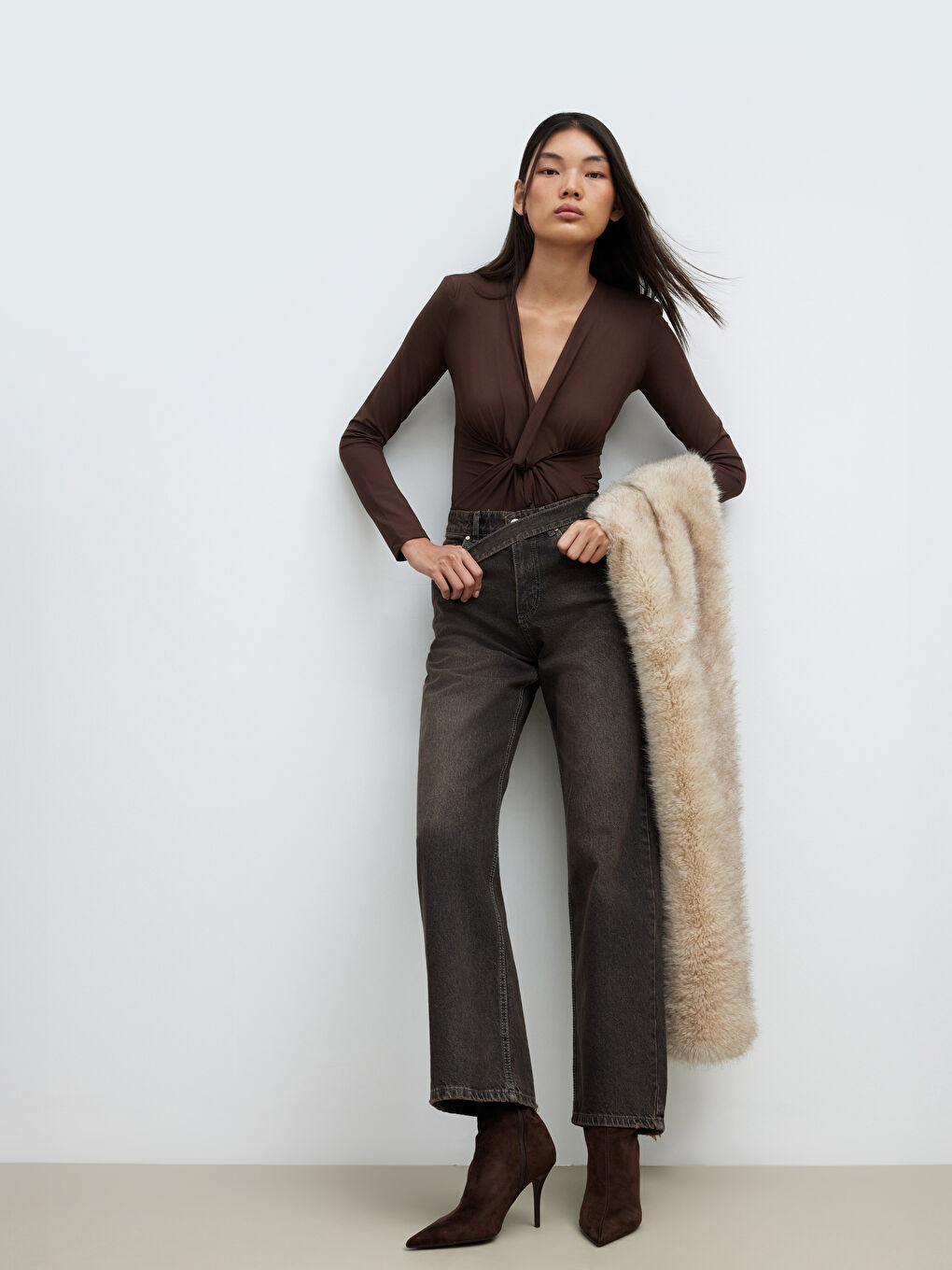 Kahverengi Wideleg Kadın Jean Pantolon	