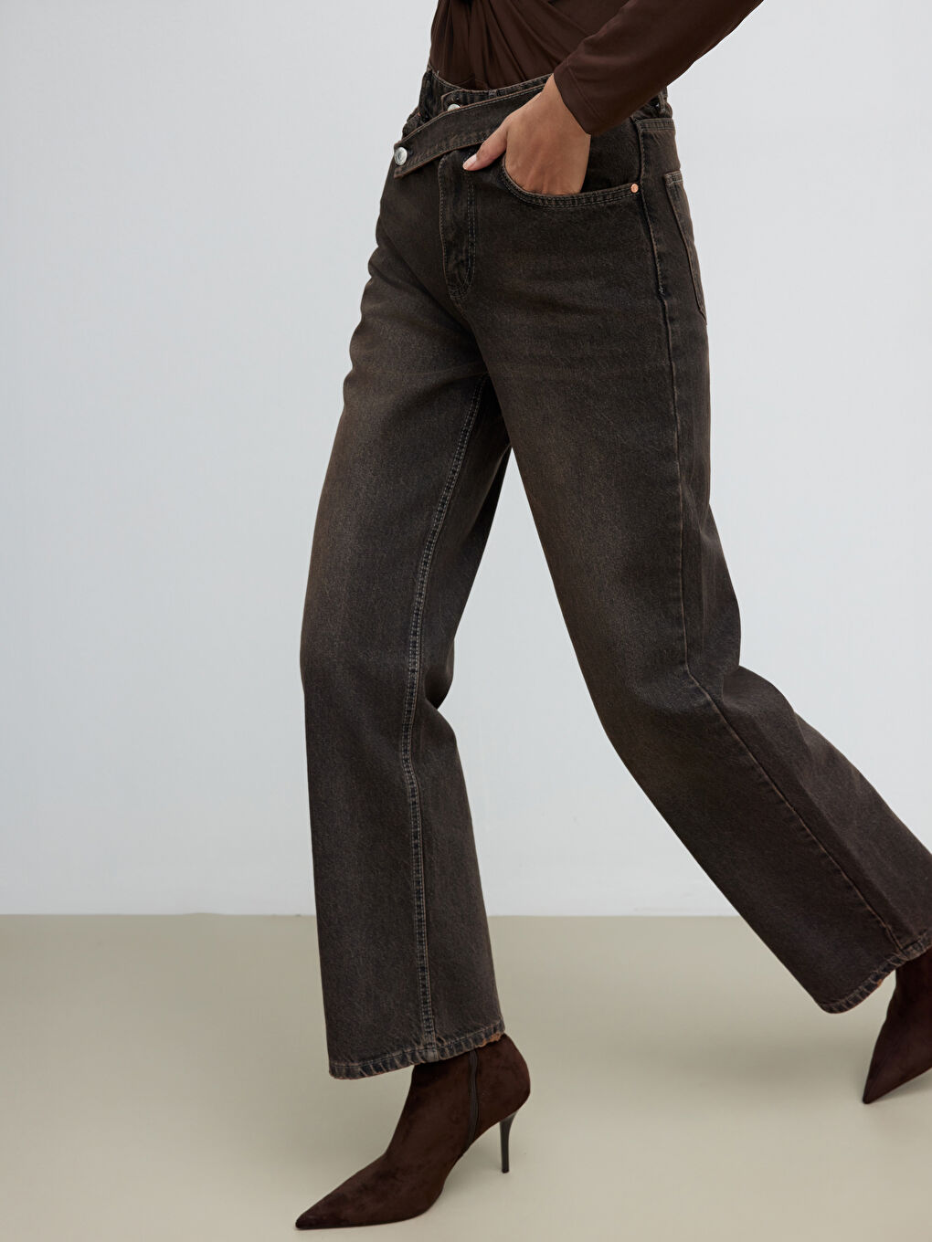 Kahverengi Wideleg Kadın Jean Pantolon	-1