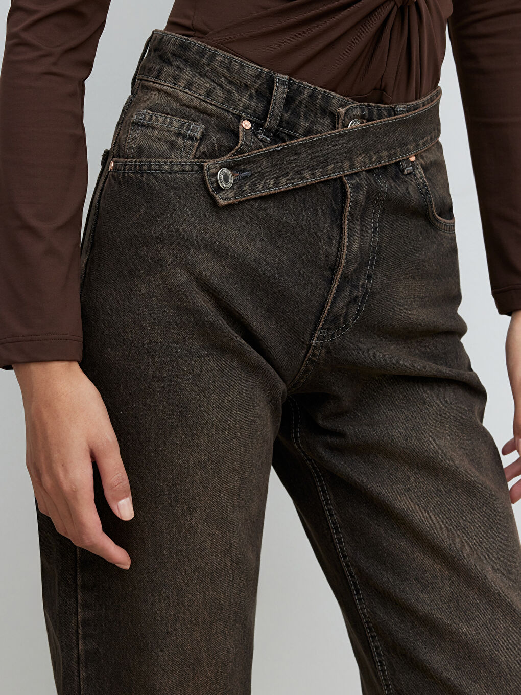 Kahverengi Wideleg Kadın Jean Pantolon	-2