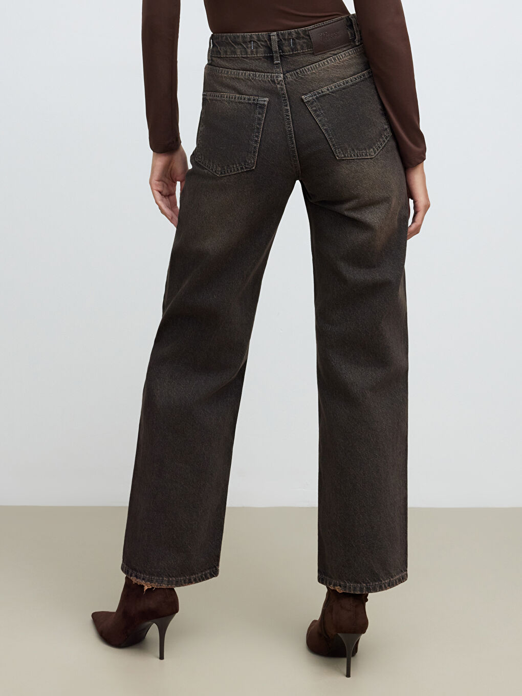 Kahverengi Wideleg Kadın Jean Pantolon	-3